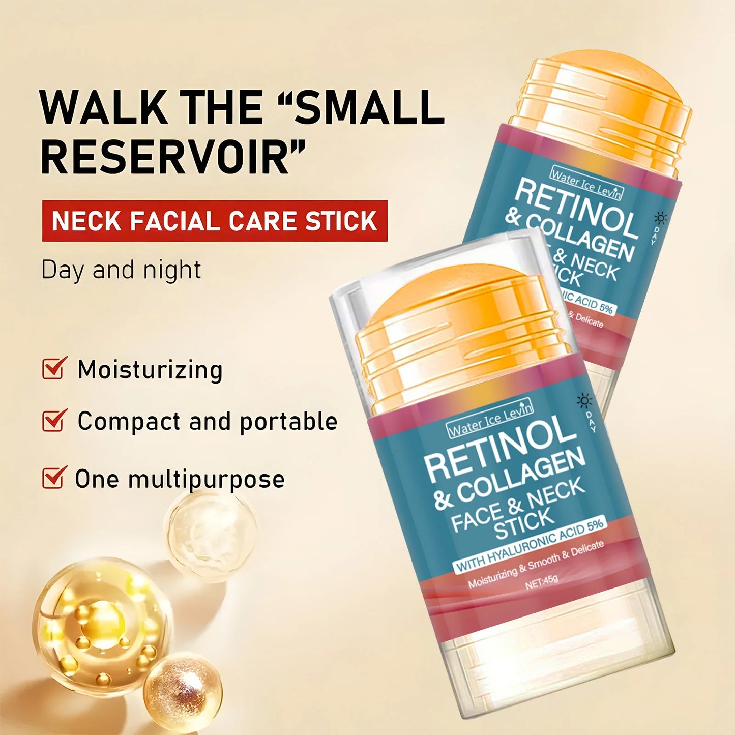 Retinol Collagen Facial & Neck Stick with 5% Hyaluronic Acid, Moisturizing & Firming, Moisture Locking, Day & Night Care, Portable Skincare