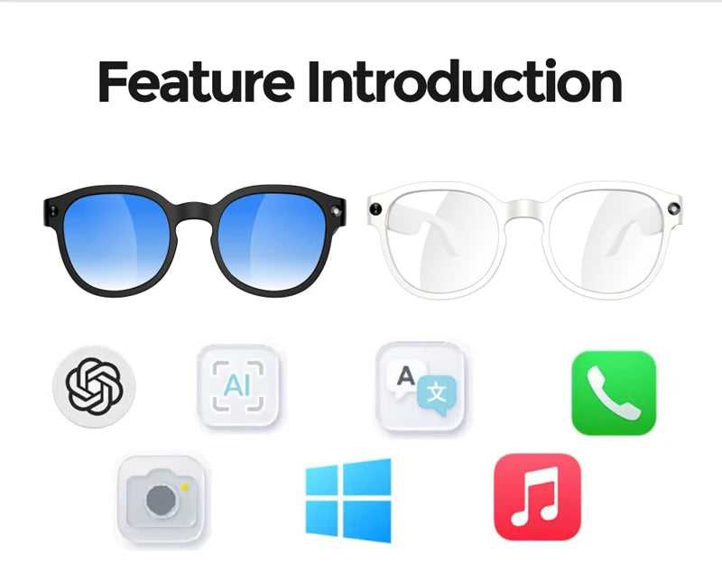 Lunettes intelligentes IA 2026 — traduction IA, caméra HD 8MP, vidéo 4K, appel Bluetooth, enregistrement, musique
