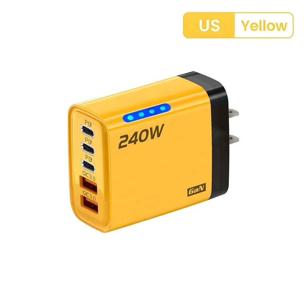240W 5-in-1 GaN Phone Charger, 10A Fast Charging Adapter, USB to Type-C Cable, 3 PD Ports, 2 USB Ports, for iPhone 16 15 Pro, Xiaomi