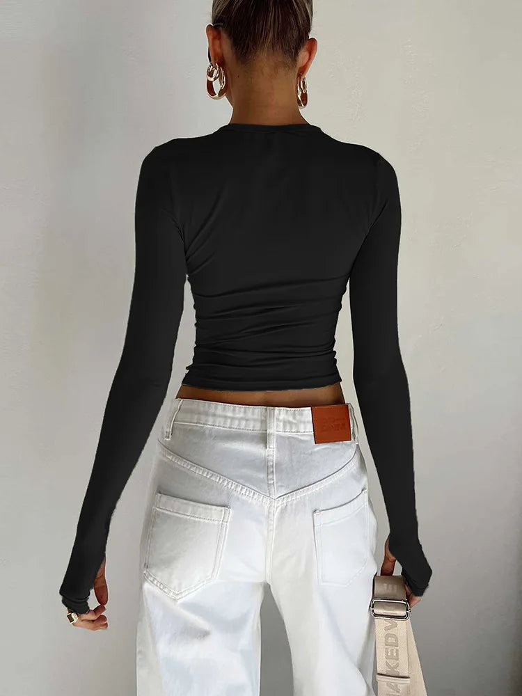 Haut Court Femme Manches Longues Trous Pouces — Streetwear Coupe Ajustée