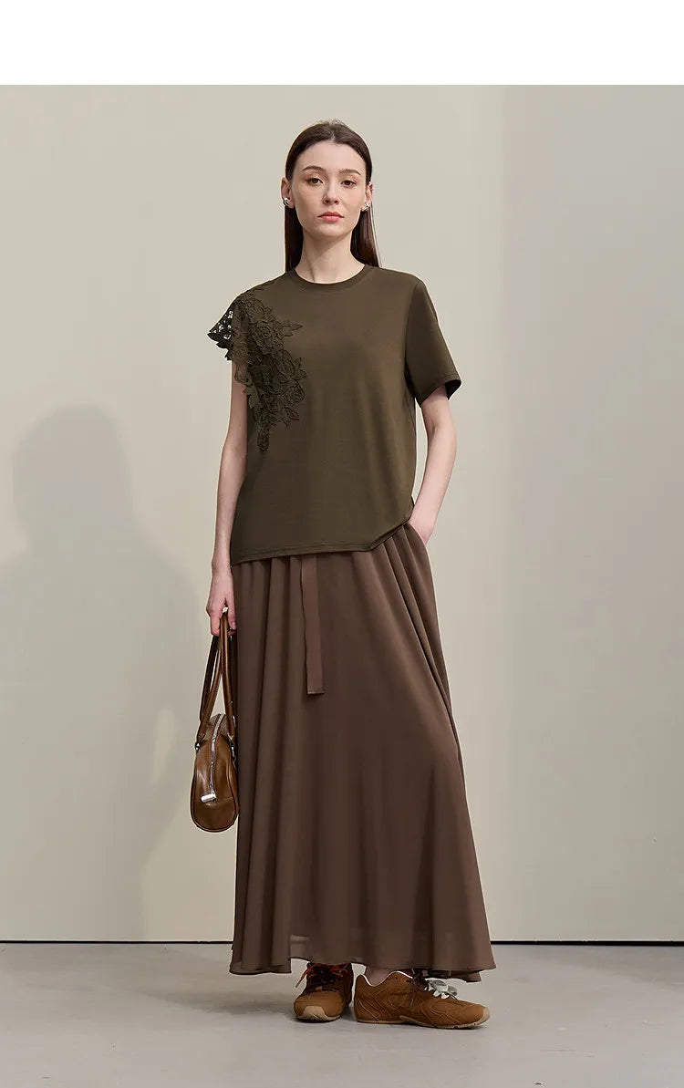 T-shirt femme 2026 été — col rond, coton, anti-transpiration, dentelle asymétrique, ample, manches courtes