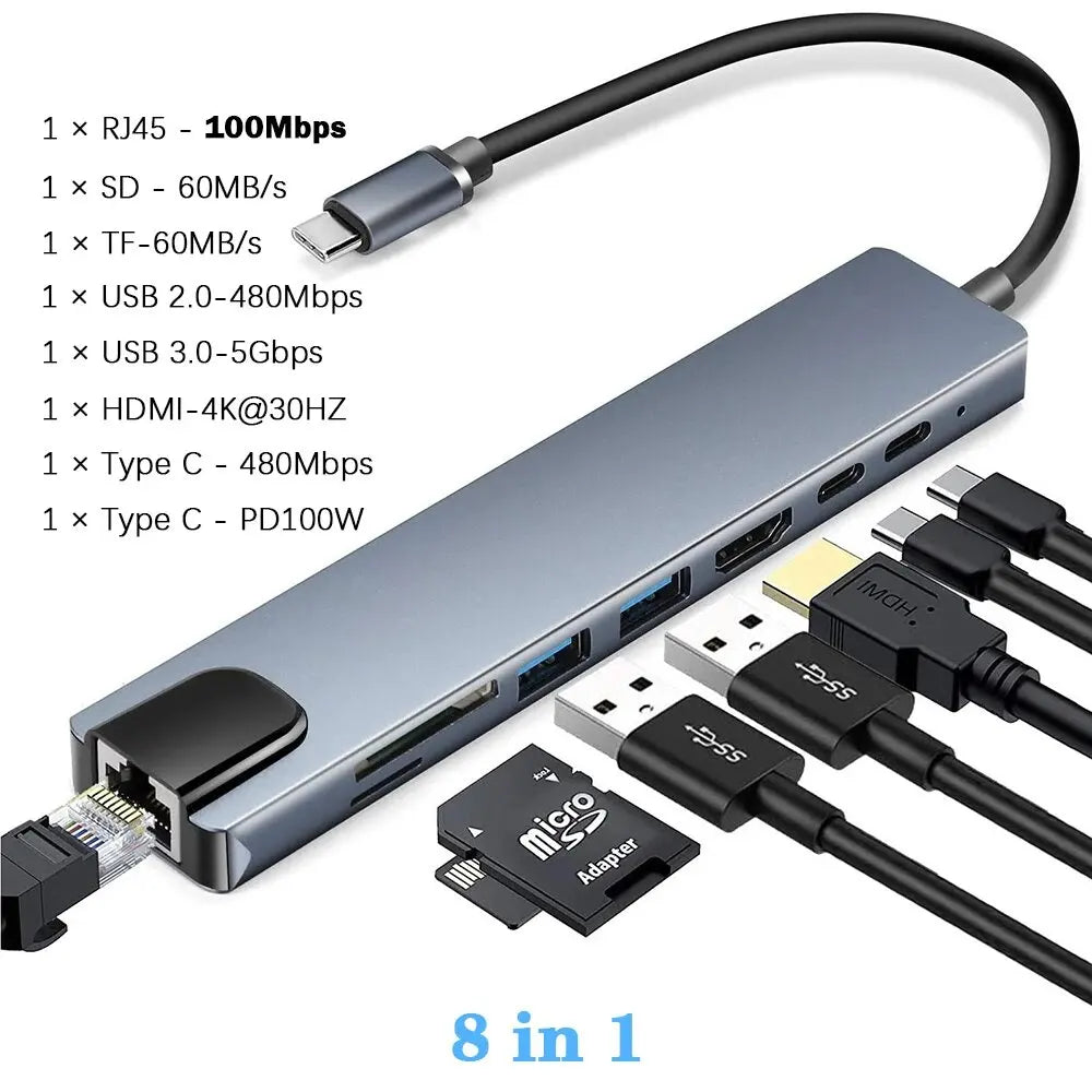 Concentrador USB 3.0 tipo C Estación de acoplamiento USB C a HDMI 4K 30HZ tipo C a RJ45 100Mbps Adaptador Ethernet Extensor VGA Auriculares PD 100W