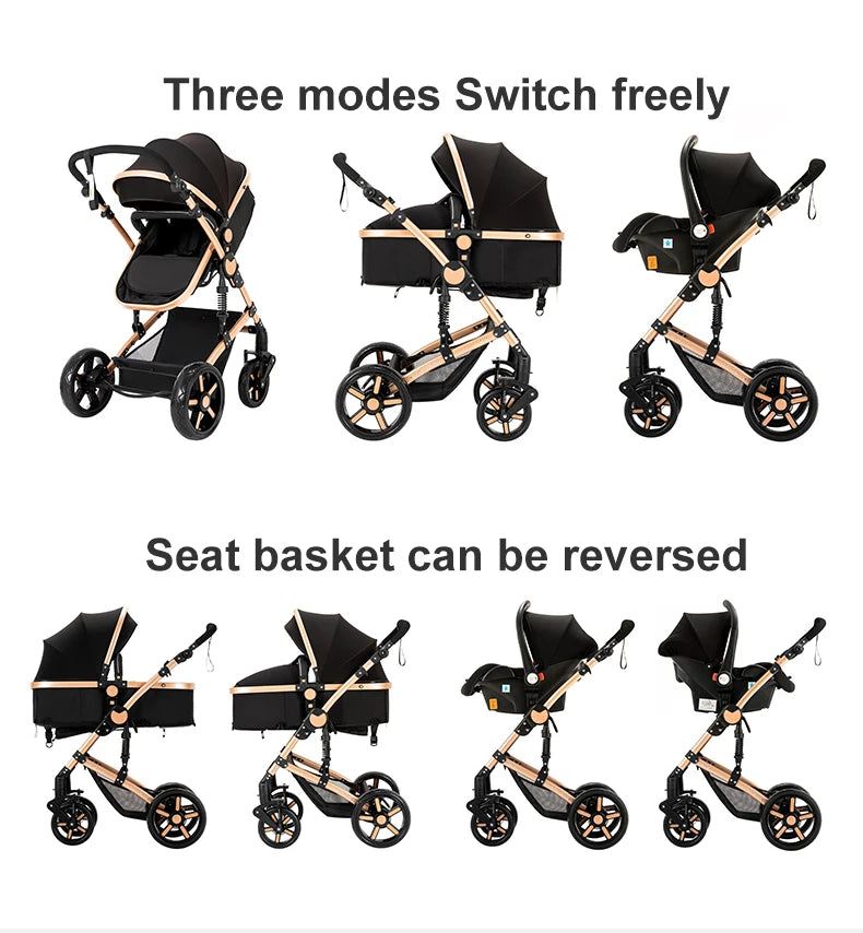 Lightweight baby stroller with aviation-grade frame, 360° swivel wheels, adjustable backrest, removable cushion, and storage basket
