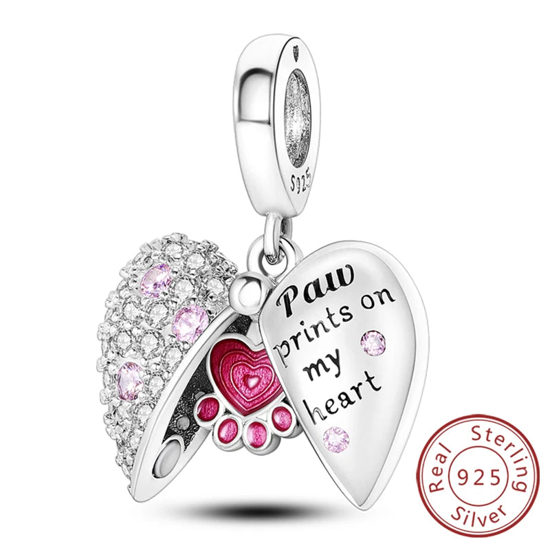 Abalorios de plata de ley 925 con huellas de perro, gato, corazón, animales, abalorios que se ajustan a pulseras, collares, colgantes, joyas para mujer, para hacer tú mismo