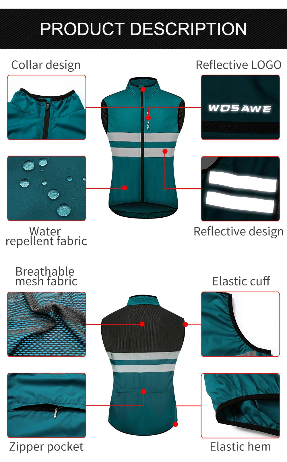 Gilets de cyclisme nuit sécurité pour hommes — sans manches, sport, VTT, vêtements vélo route
