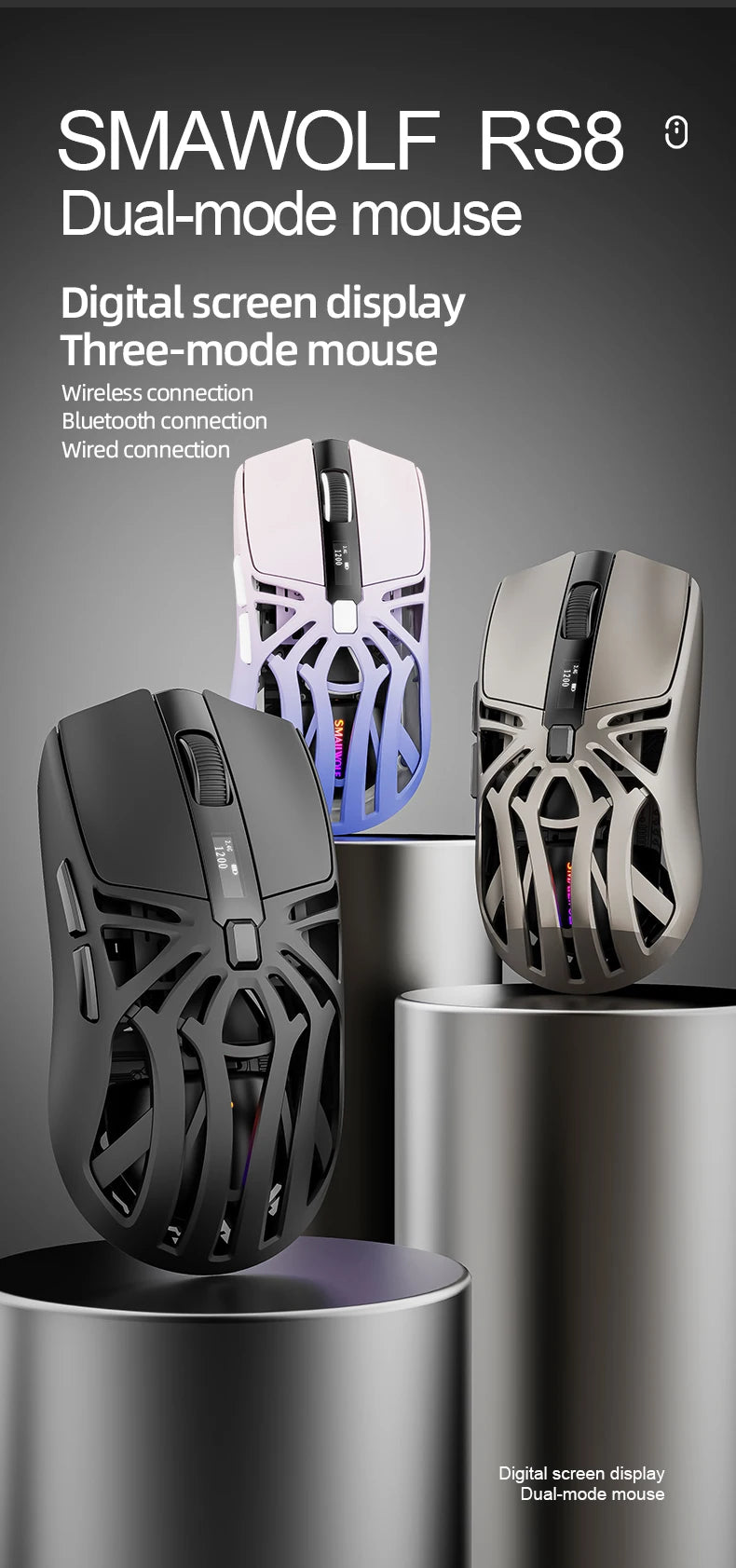 SmailWolf RS8 Bluetooth sans fil 2.4g souris de jeu triple mode léger e-sports jeu 1K taux de retour 10000DPI ordinateur