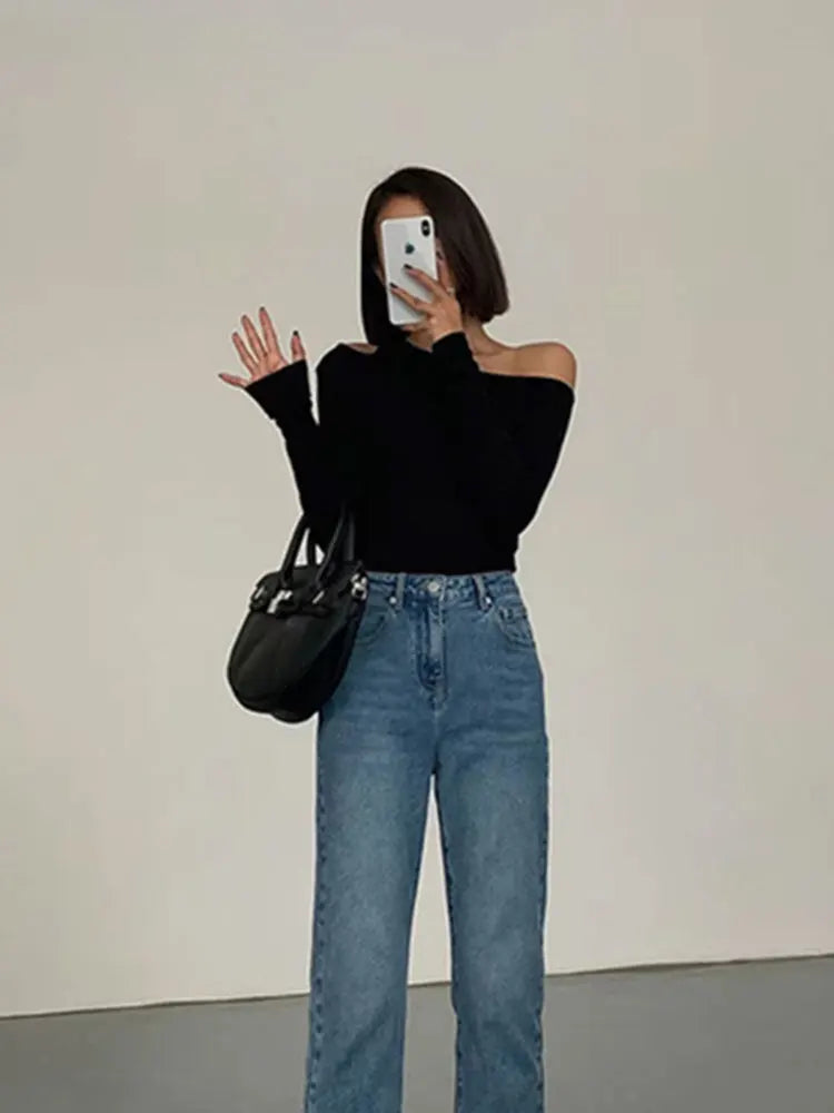 Camisetas de mujer de manga larga con cuello inclinado y hombros descubiertos, camisetas de manga larga ajustadas de color liso para primavera, camisetas ahuecadas sexys