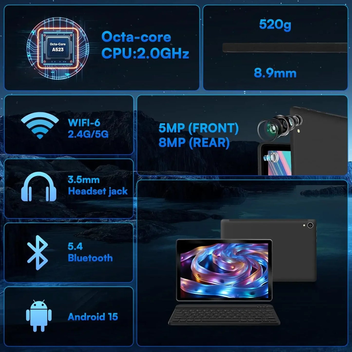 Tablet URAO de 10 pulgadas Android 15, 8 núcleos, 24 GB + 128 GB, ampliación de 1 TB, WiFi 6, 5 MP+8 MP, lápiz óptico, teclado, ratón, auriculares, juego de PC PAD