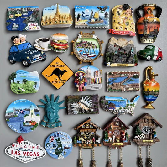 Fridge magnet, Finland, Norway, Austria, Greece, Myanmar, Italy, Morocco, Algeria, United States, ommage, Cordoba, Thailand, Prague, Lake Como, Garda