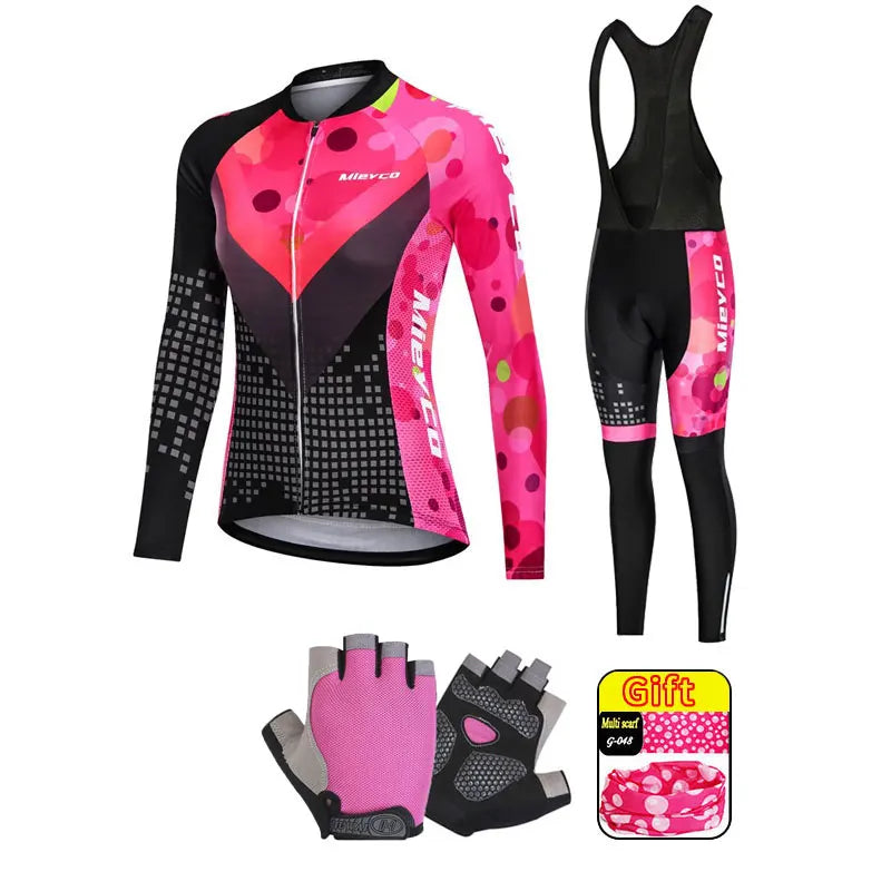 Women's Cycling Apparel, Jersey and MTB Bib Shorts Set, Women's Long-Sleeve Cycling Suit, MTB Outfit