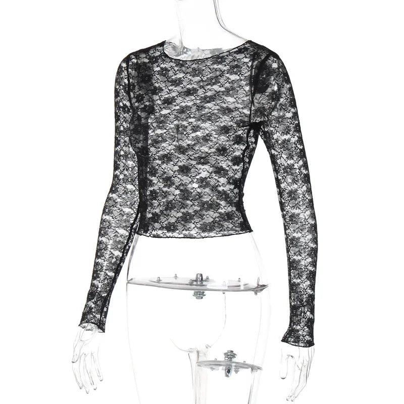 Mooyufon Camiseta de manga larga transparente de encaje corta ajustada y sexy para mujer, para fiesta, discoteca, otoño e invierno