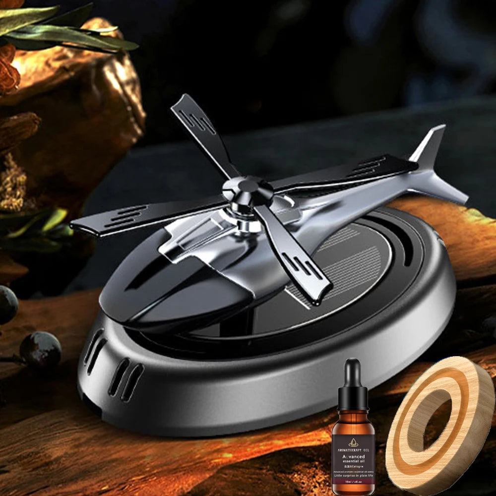 Hélicoptère rotatif à énergie solaire, aromathérapie solaire, désodorisant de voiture en alliage + ABS, diffuseur d'arôme automatique de parfum en bois