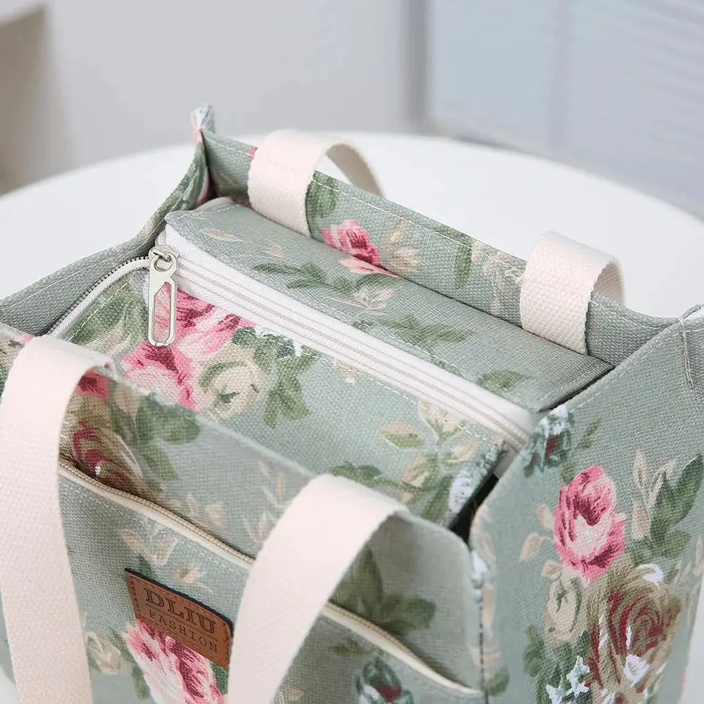 Bolsa de almuerzo estética con estampado floral, bolsa bento aislada de gran capacidad, bolsa térmica para la escuela, el trabajo, los viajes y pícnic