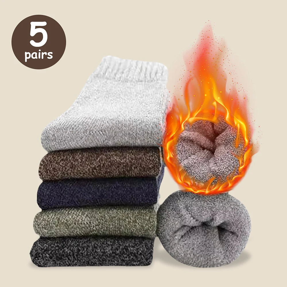 3/5 paires de chaussettes chaudes pour hommes, chaussettes épaisses en tissu éponge mi-mollet, chaussettes anti-froid pour bottes de neige, élastiques, couleur unie