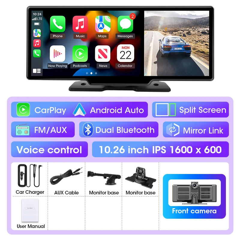 10/11.26 pulgadas Dash Cam 4K coche DVR inalámbrico Carplay y Android Auto GPS Navegación grabadora de vídeo de salpicadero doble lente Wifi FM AUX