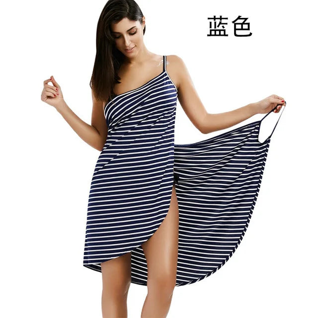 Bata de playa a rayas para mujer, toalla de baño redonda, ropa de tirantes, vestido de playa, vacaciones, natación