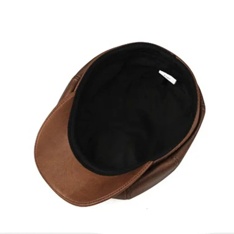 Men's Retro Brown Hats, Warm Genuine Leather Cap, Painter Beret, High-Quality Cowhide Octagonal Boina, Spring/Winter 100%