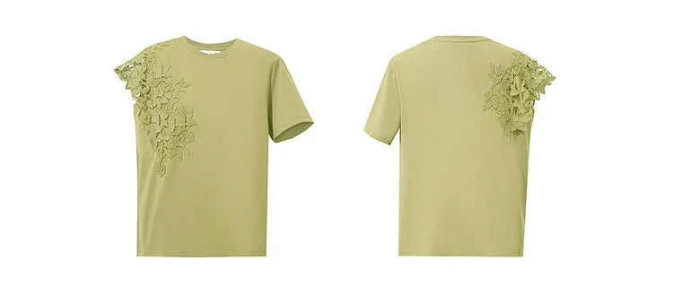 T-shirt femme 2026 été — col rond, coton, anti-transpiration, dentelle asymétrique, ample, manches courtes