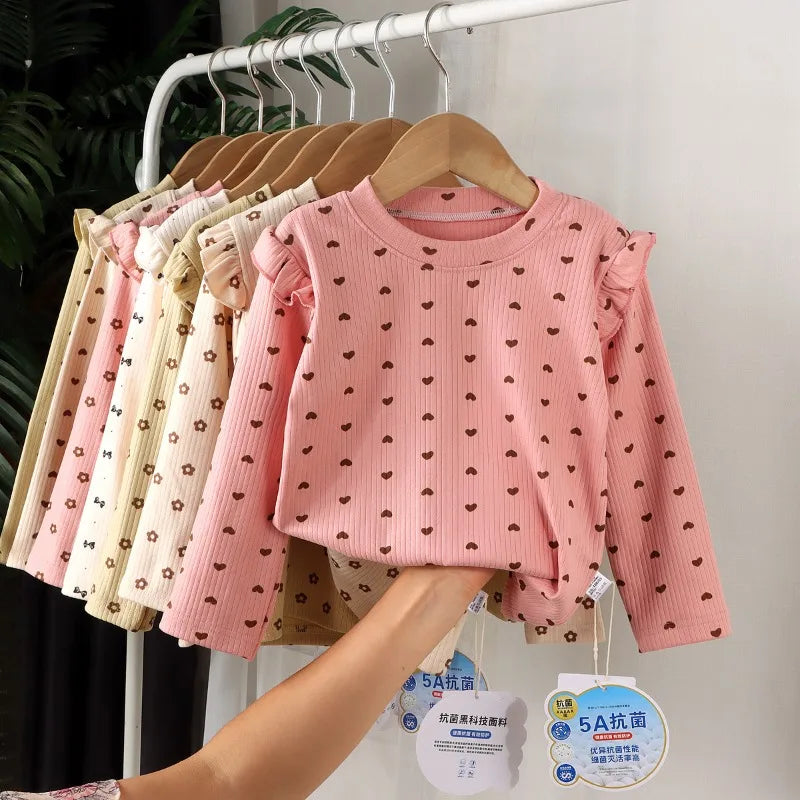 Kids Long Sleeve Undershirt, Cute Floral Polka Dot T-shirt, Soft Y-Shirt for Kids, Boys and Girls, 2-10T