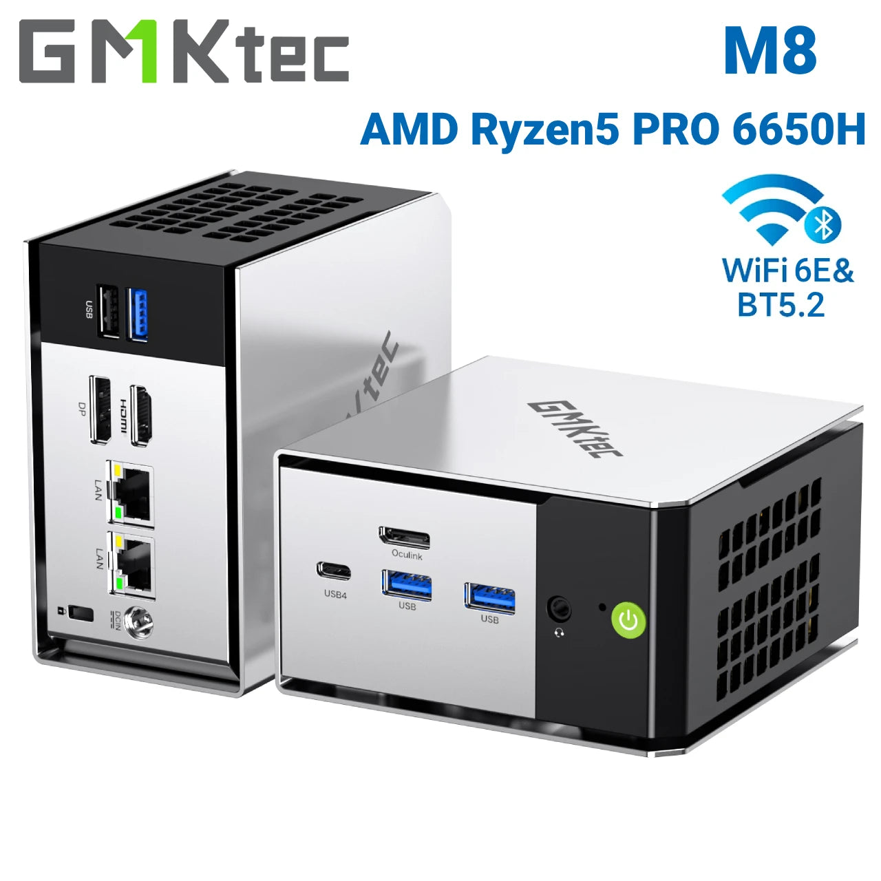 Mini PC GMKtec M8, AMD Ryzen 5 PRO 6650H, 16 Go de RAM, sans SSD, sans système d'exploitation, ordinateurs de bureau miniatures, triple affichage 4K, WiFi 5.2, BT6E, USB-C, DP