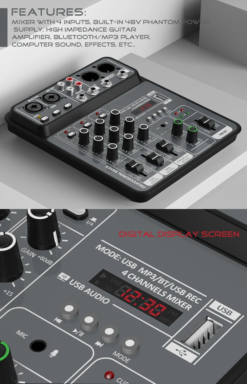 Mélangeur Audio DJ 4 Canaux USB Bluetooth — Console Mixage 48V Karaoké & Studio