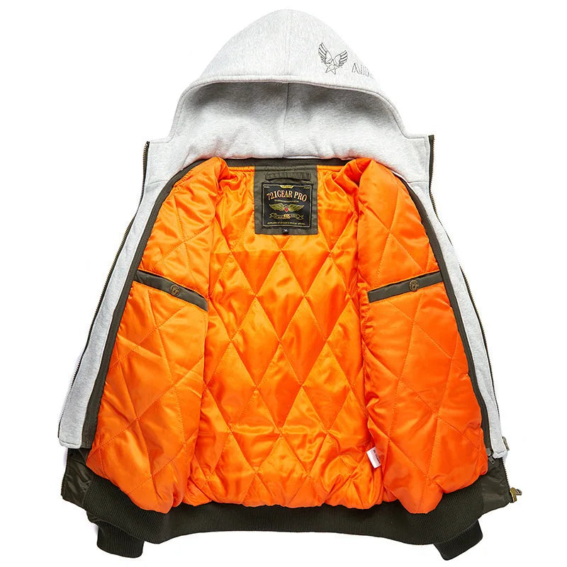 Men's Thick Hooded Bomber Jacket, Military Windbreaker, Multi-Pocket Air Force Coats, Autumn Streetwear, Baseball Jackets, Winter
