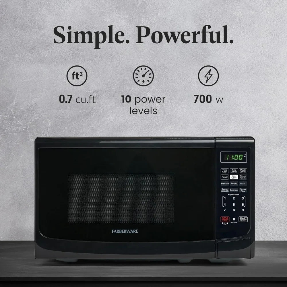0.7 pies cúbicos Horno microondas de encimera – 700 W de potencia, programas de cocción automáticos, función de descongelación, fácil limpieza y bloqueo de seguridad para niños - Negro