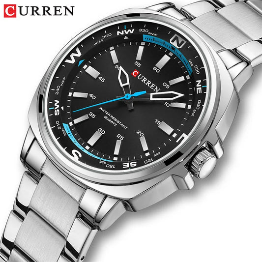 CURREN 8455 Men's Sports Quartz Wristwatch, Waterproof, Minimalist, Round, Stainless Steel Strap, Business Style