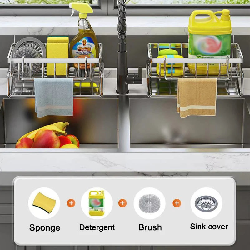 Stainless Steel Multifunctional Sink Cleaning Tools Storage Rack, Kitchen Sponge Scrubber Organizer, Dishcloth Hanger