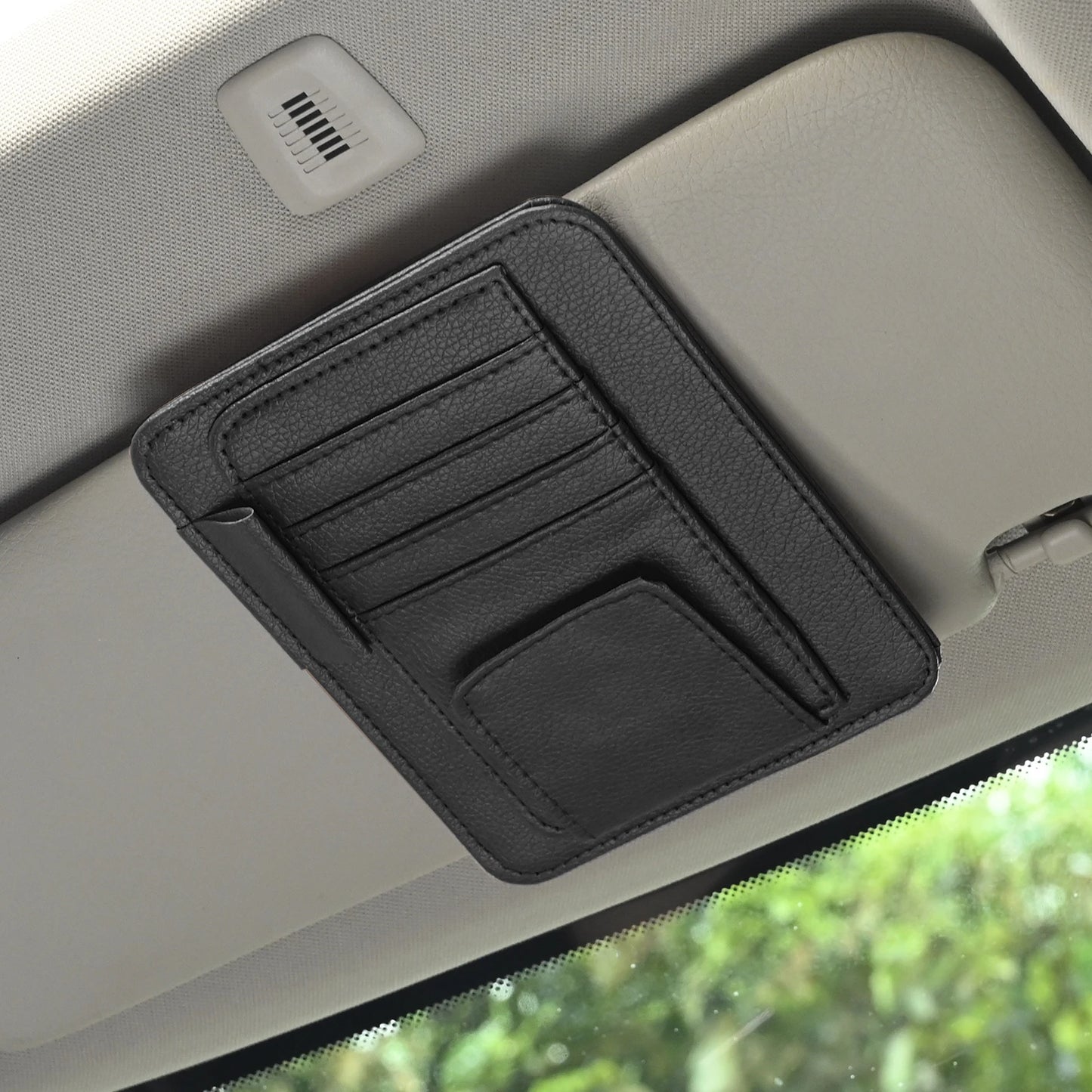 Organizador de visera para coche, bolsa multi-bolsillo, tarjetero, gafas, soporte de almacenamiento, resistente a los arañazos, soporte de visera automático para interior de coche