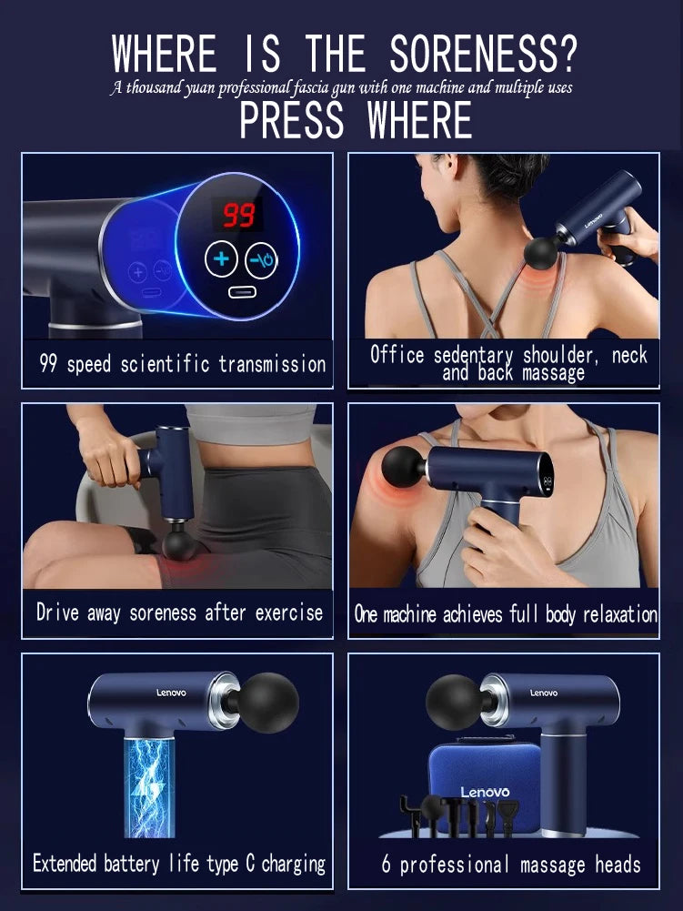 Pistolet de massage professionnel — écran tactile LED, 6-8 têtes, relaxation musculaire, cadeau