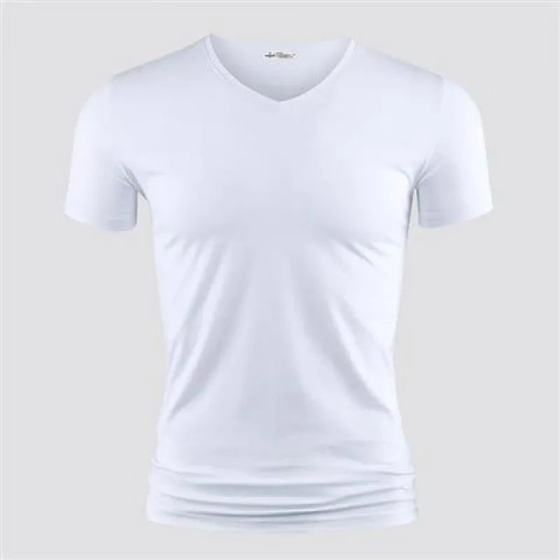2026 hommes T-Shirt couleur Pure col en V à manches courtes hauts T-Shirts hommes T-Shirt collants noirs homme T-Shirts Fitness pour vêtements masculins