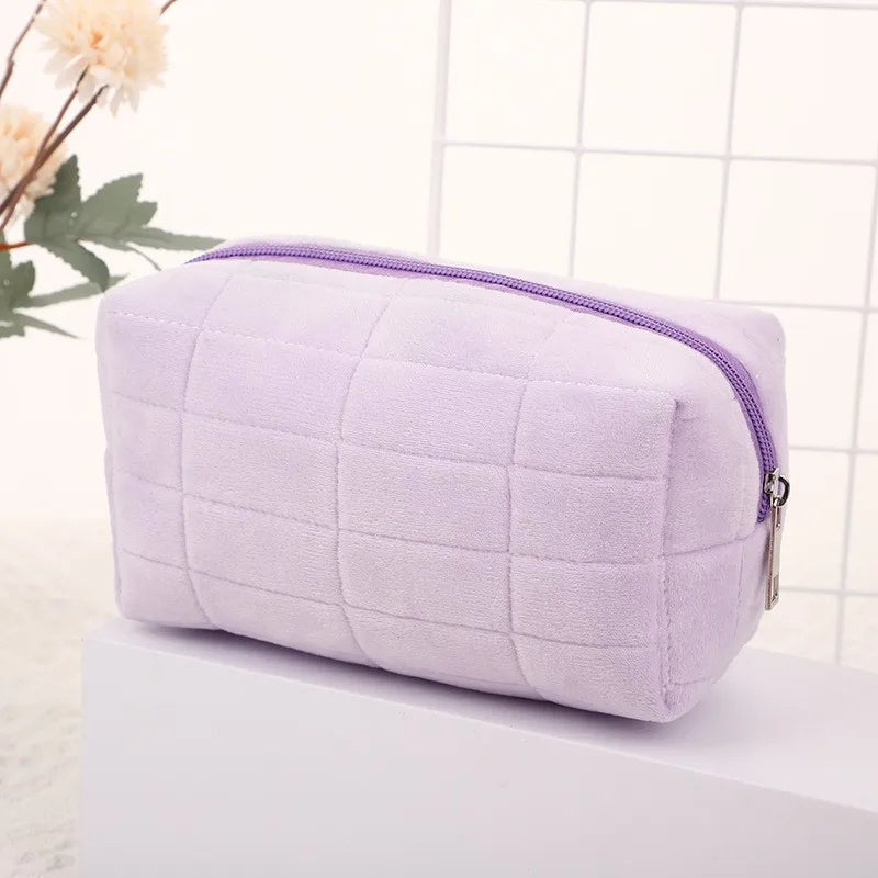 Neceser de felpa suave, bolsa de viaje portátil, color liso, cierre de cremallera, organizador de almacenamiento de artículos de tocador para mujeres, bolsa de maquillaje