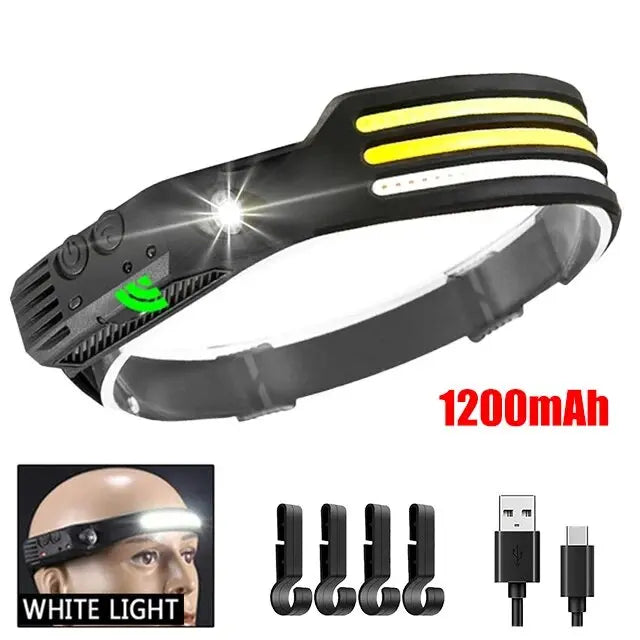 Lampe frontale de sauna à induction LED COB, batterie intégrée, lampe de poche aste USB, capteur de pêche, camping en plein air