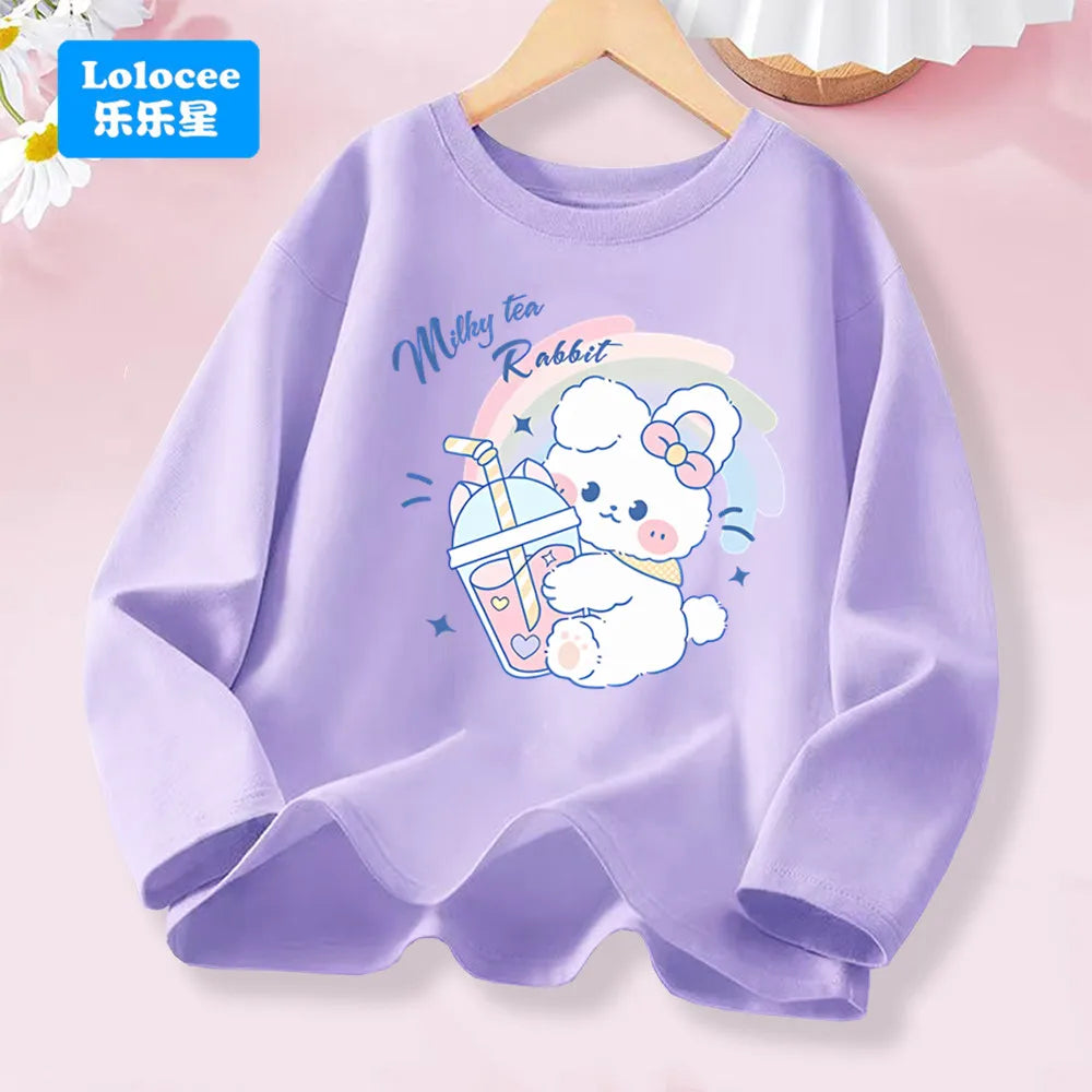 T-shirt rose à manches longues pour filles de 3 à 14 ans, haut en coton pour enfants, mignon "FRESH", imprimé boisson et Animal, nouvelle collection printemps 2026