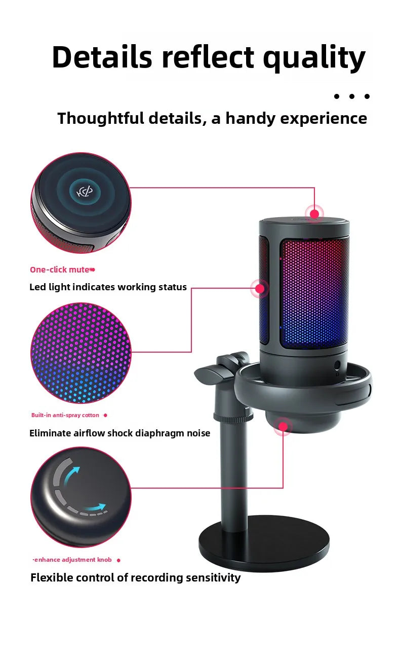 Microphone USB Professionnel à Condensateur RGB — Enregistrement, Gaming, Streaming Direct