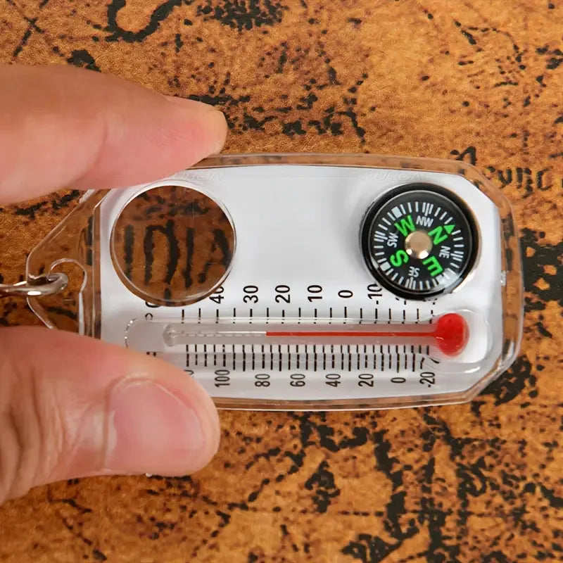 Porte-clés 3 en 1 avec boussole, thermomètre portable, loupe, outils de survie, essentiels pour le camping
