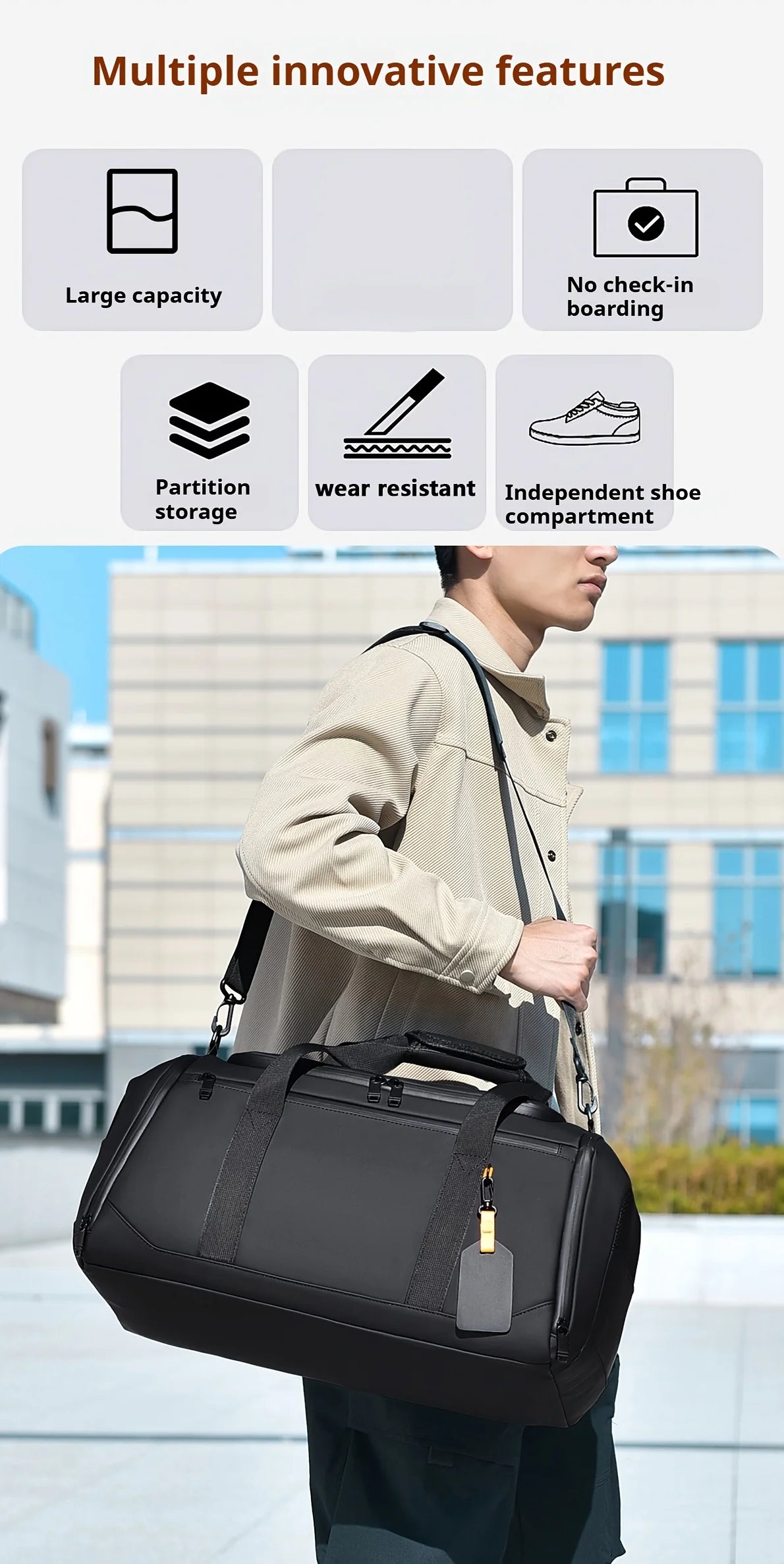 Sac de voyage de grande capacité pour hommes, sac de sport spacieux avec plusieurs compartiments, sac de week-end pour une nuit, sac de voyage