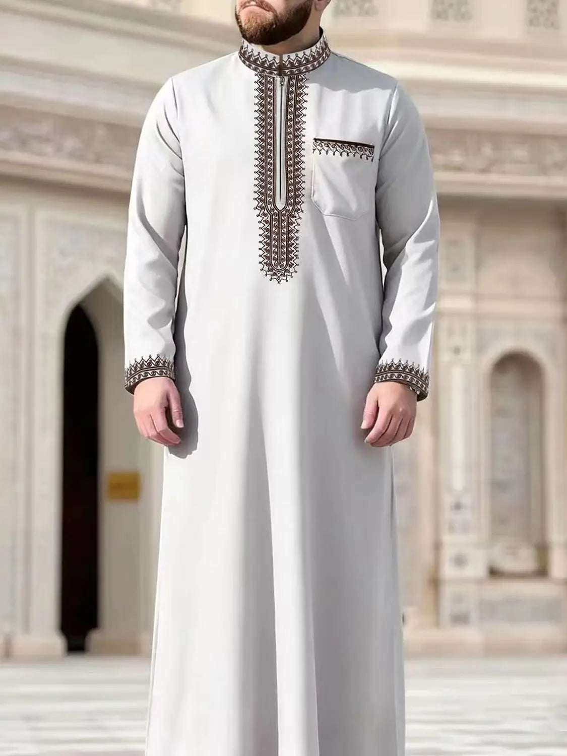 Thobe pour hommes marocain, manches longues style ethnique brodé col montant conception de fermeture éclair hommes musulmans à la mode Abaya fest arabe