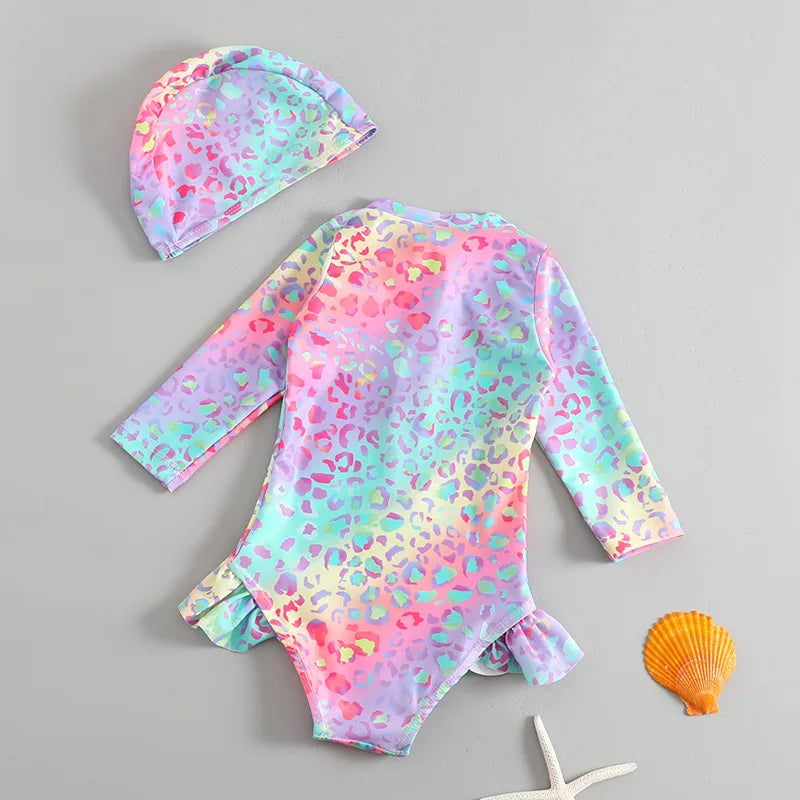 Maillot de bain une pièce avec chapeau de soleil pour petites filles de 1 à 2 3 4 5 6 ans, manches à volants léopard, fermeture éclair, vêtements de plage pour bébé
