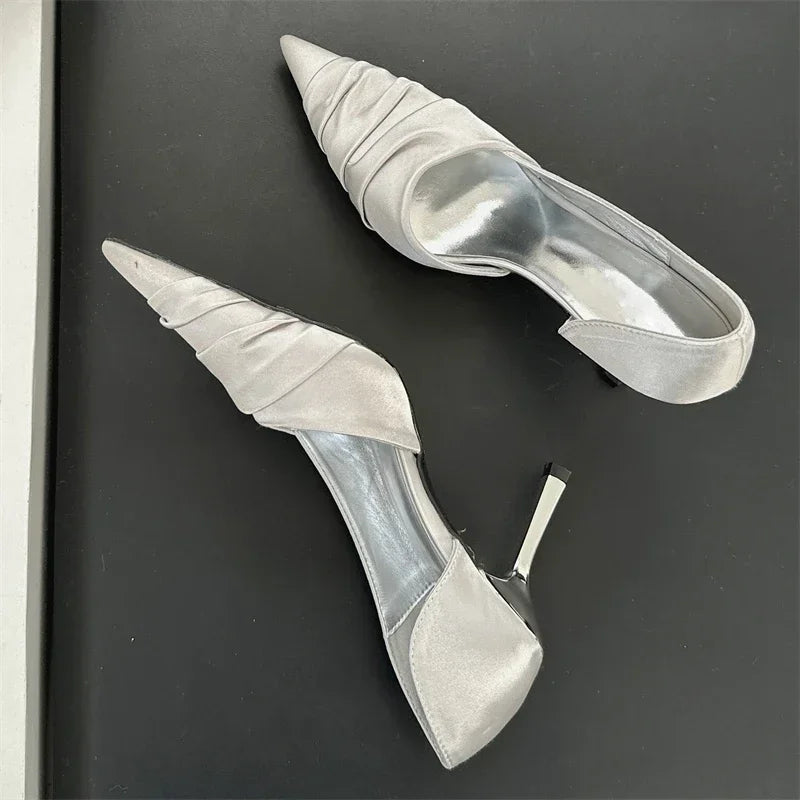 Aneikeh Elegant Pleated Satin Women's Slippers Pumps Fashion Pointed Toe Thin High Heels Mules Dance Banquet Shoes Chaussure Femme