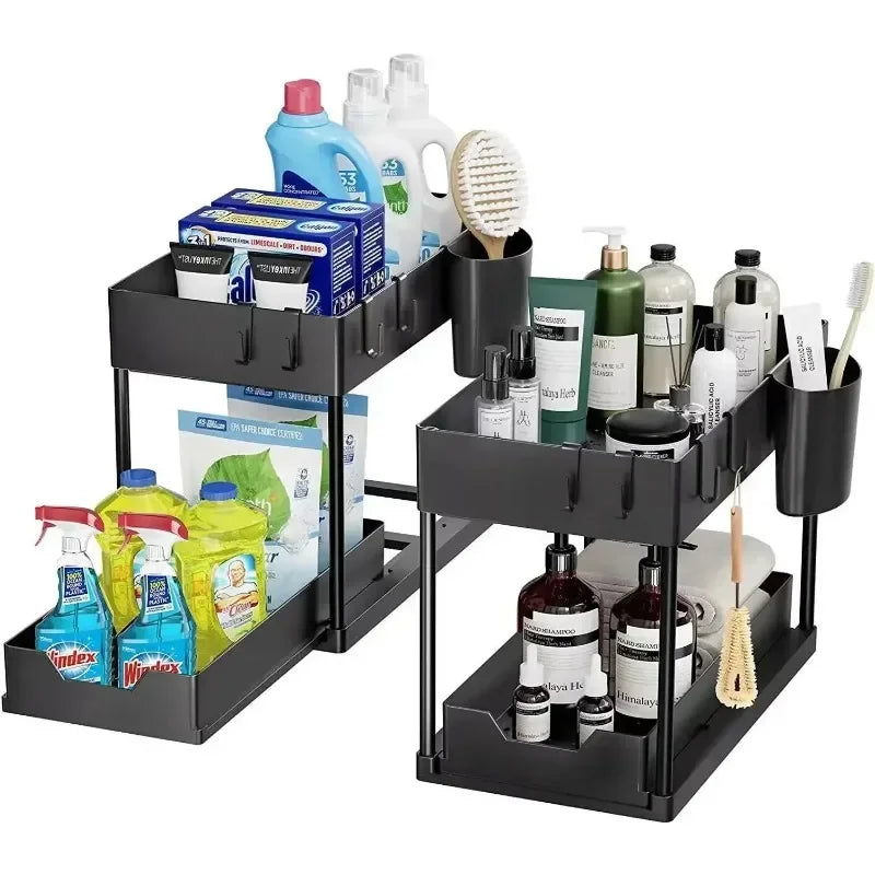 2-Tier Multifunction Kitchen Sink Organizer, Sliding Cabinet Basket with Hooks, Hanging Cup, New Space-Saving Stand for Bathroom and Kitchen