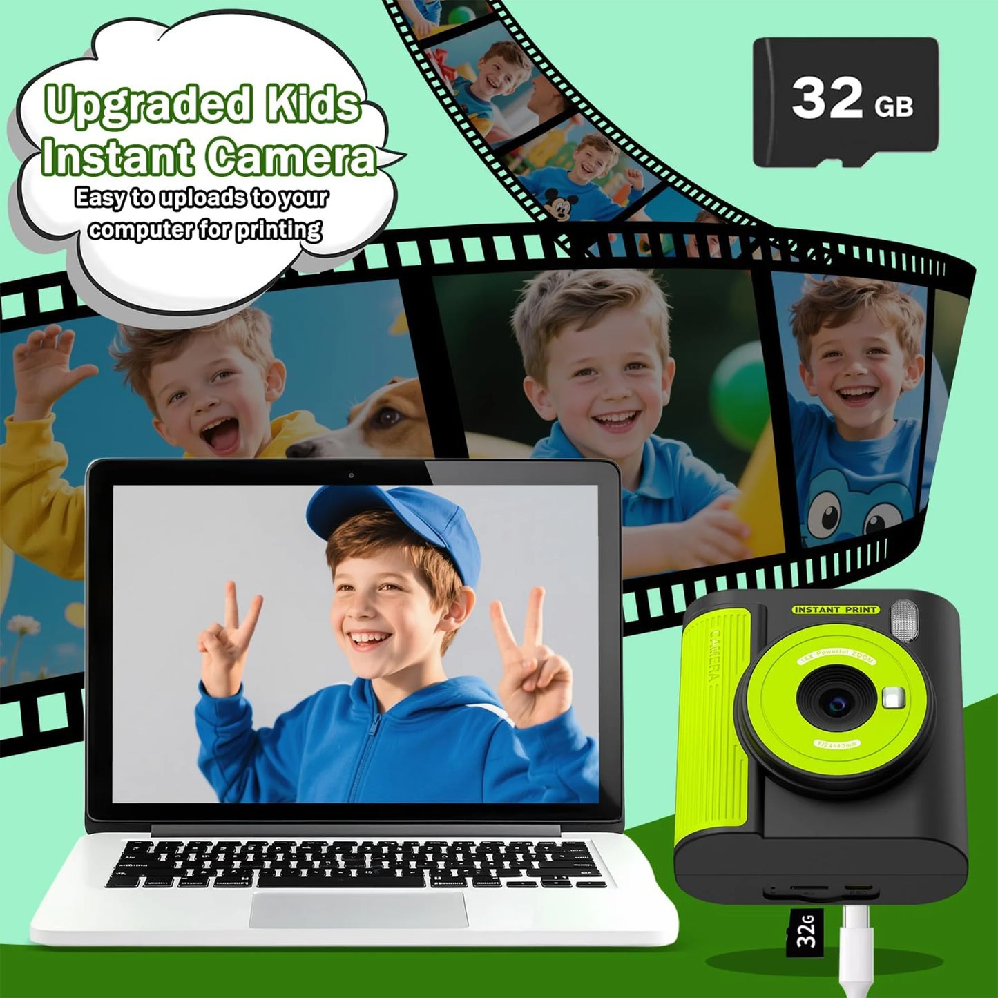 INOCTI Kids Print Camera, Digital Camera for Toddlers, Three Print Papers and 32G Card, for Girls & Boys, Christmas Birthday Gifts