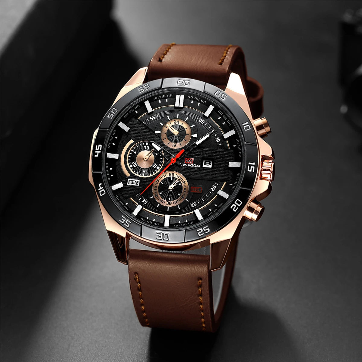 Montres de sport pour hommes, série de course de mode, 46mm, horloge en cuir noir VA VA VOOM, mouvement à Quartz 3Bar, montre-bracelet étanche pour hommes