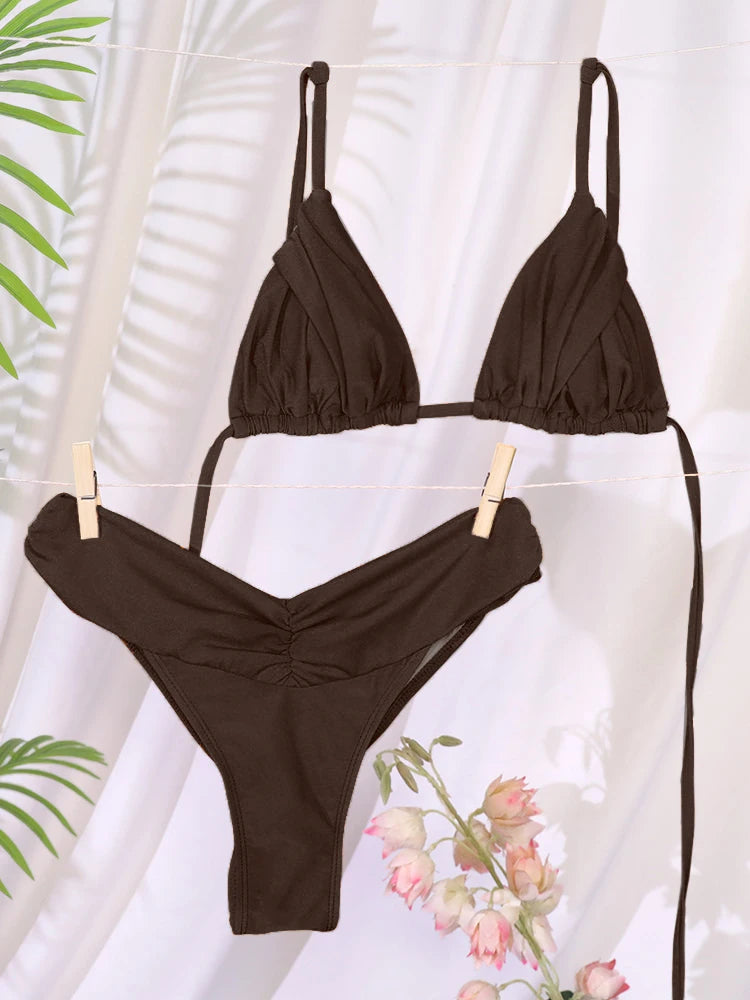 Sexy plis Bikini ensemble solide Micro Bikinis femmes maillot de bain femme Triangle maillots de bain vêtements de plage maillot de bain