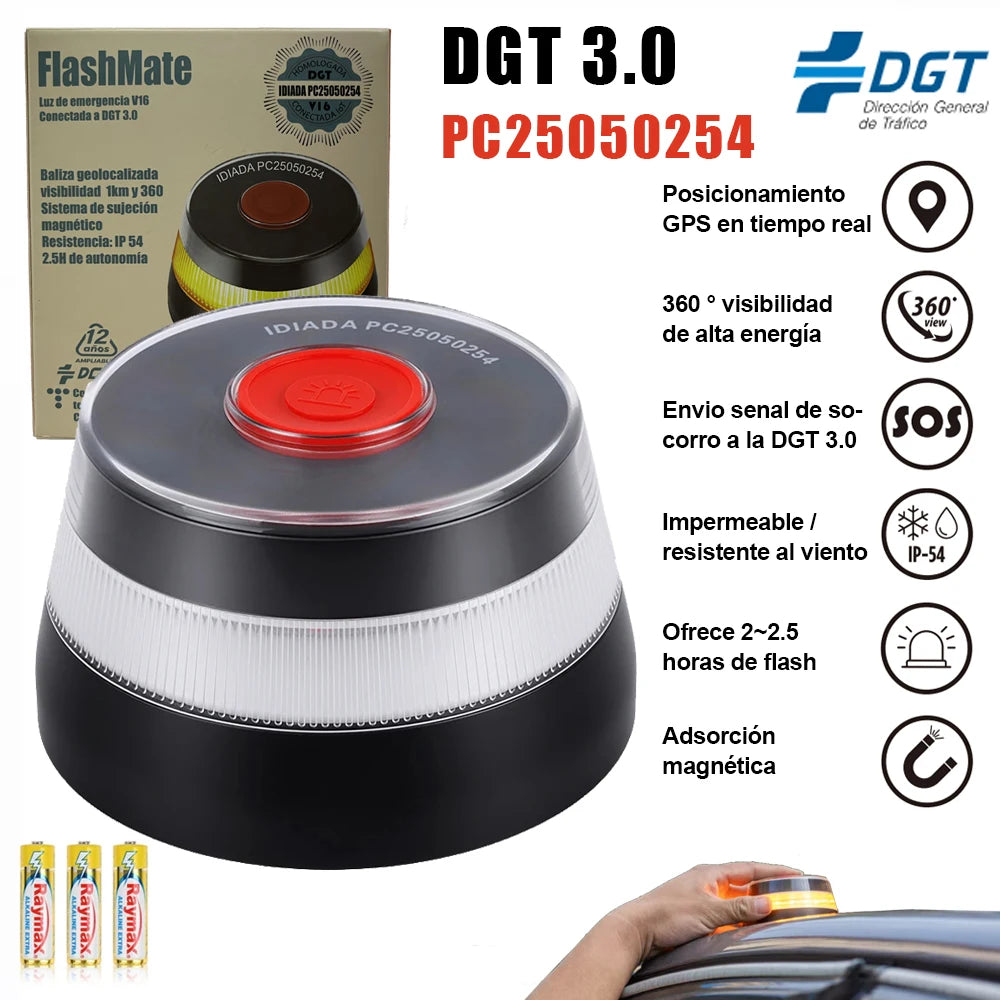 Feu de détresse automobile homologué DGT V16 avec connectivité DGT 3.0 et balise d'authentification par géolocalisation, valable jusqu'en 2038