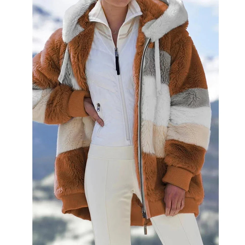 Abrigo de invierno para mujer 2025, chaqueta de mujer con cremallera y capucha, empalmado, cachemira gruesa, chaqueta de mujer, costura a cuadros, abrigos de mujer