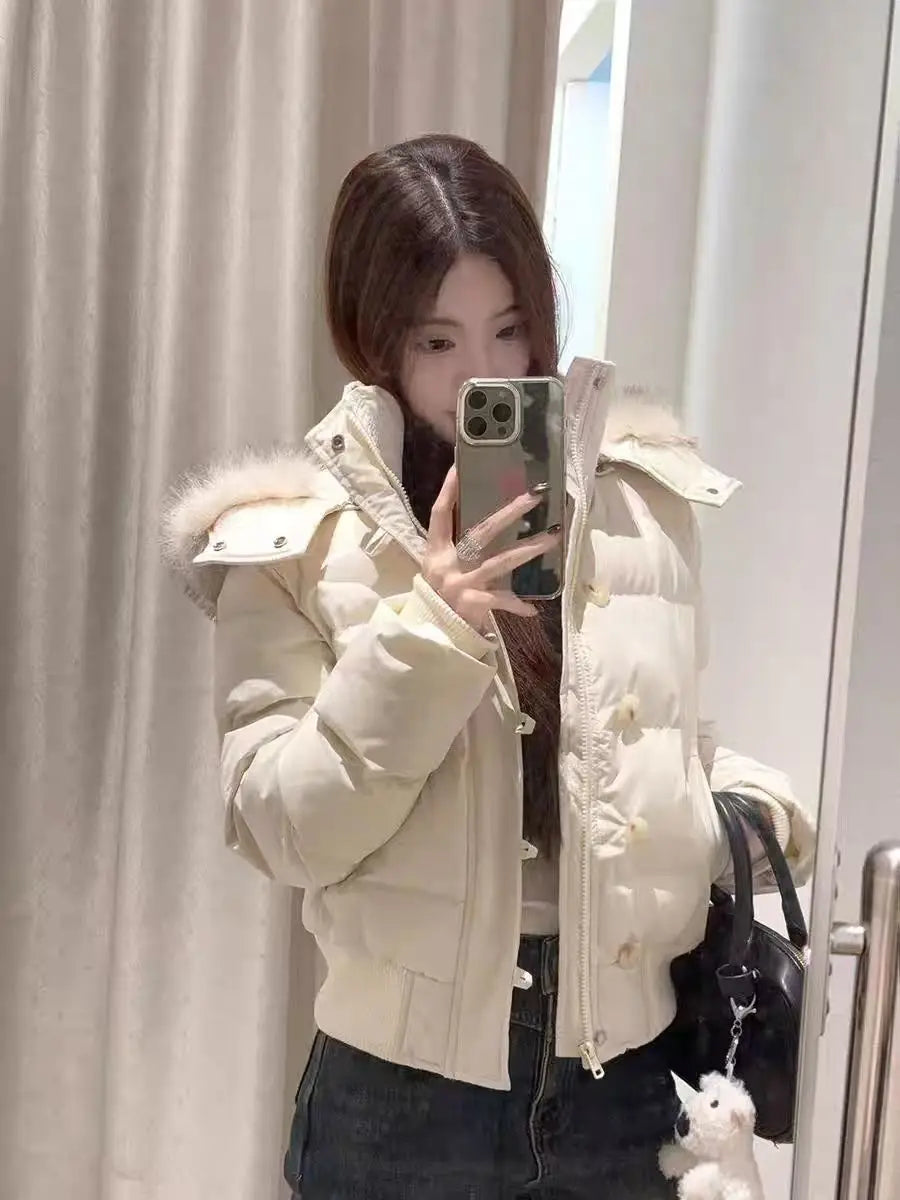 Women's retro American warm fur-collared solid color hooded cotton coat, loose casual slim winter cotton coat jacket