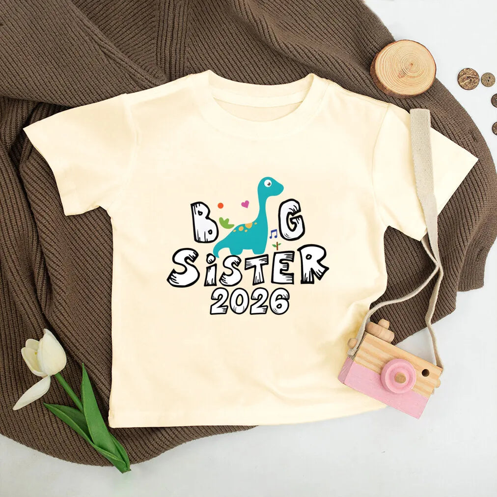 T-shirt enfant grande sœur 2026 — annonce de grossesse, rétro, manches courtes, tenue d'été