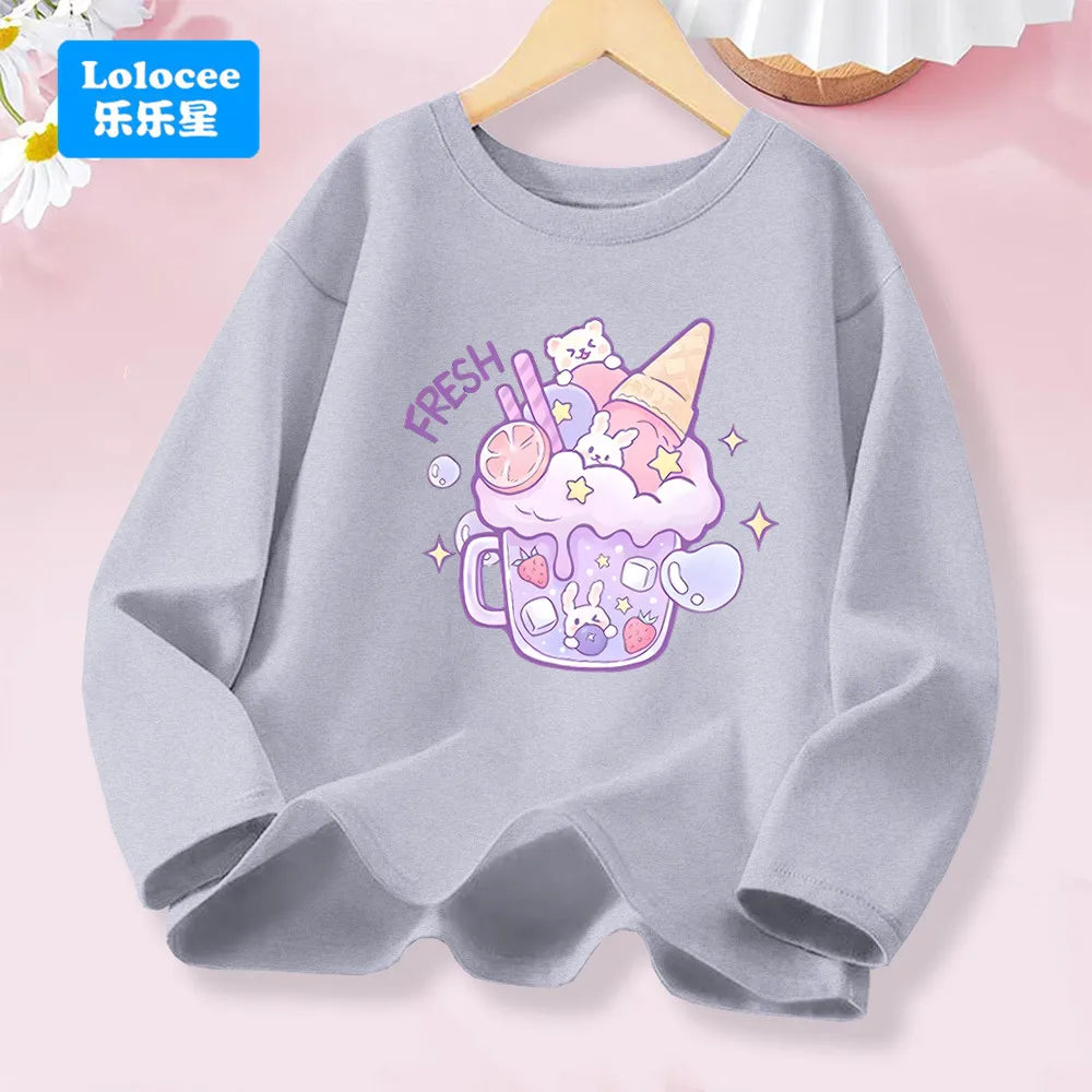 T-shirt rose à manches longues pour filles de 3 à 14 ans, haut en coton pour enfants, mignon "FRESH", imprimé boisson et Animal, nouvelle collection printemps 2026